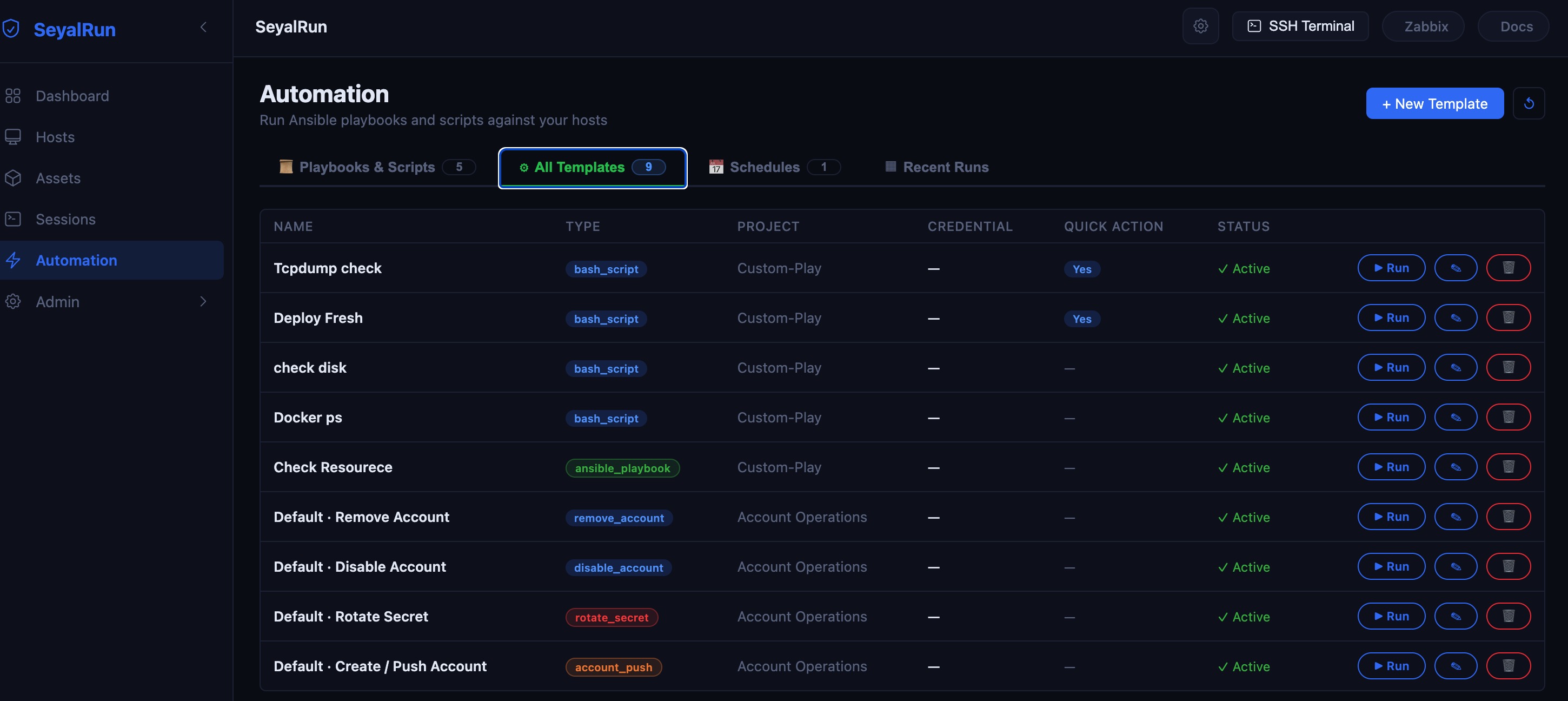 Automation page — Playbooks & Scripts, All Templates, Schedules, and Recent Runs tabs