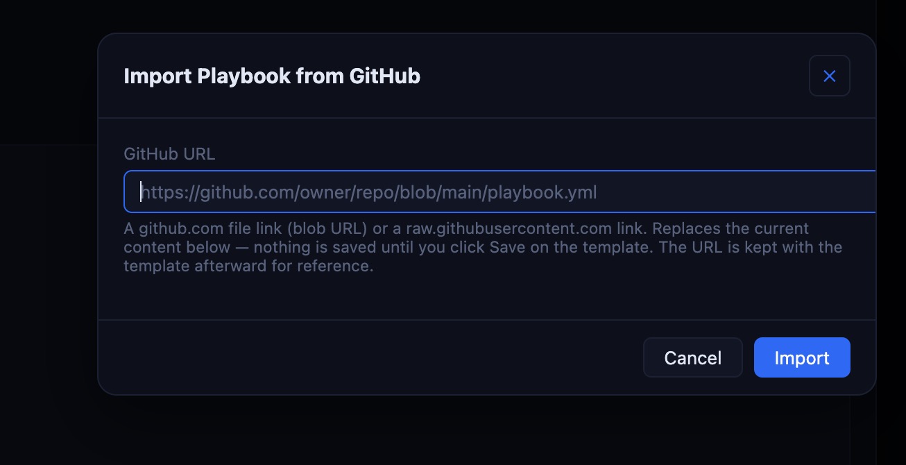 Import from GitHub modal — paste a github.com blob link or raw.githubusercontent.com URL