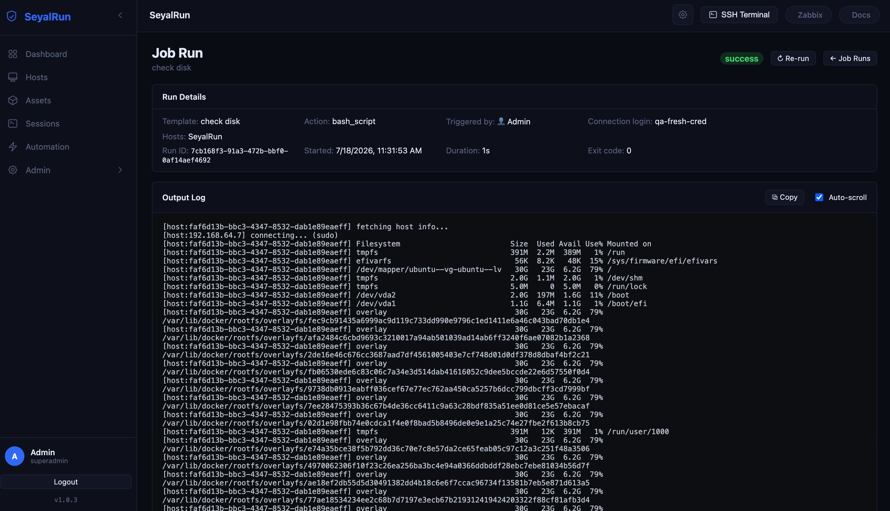 Job Run detail page — Run Details card and live-streaming Output Log