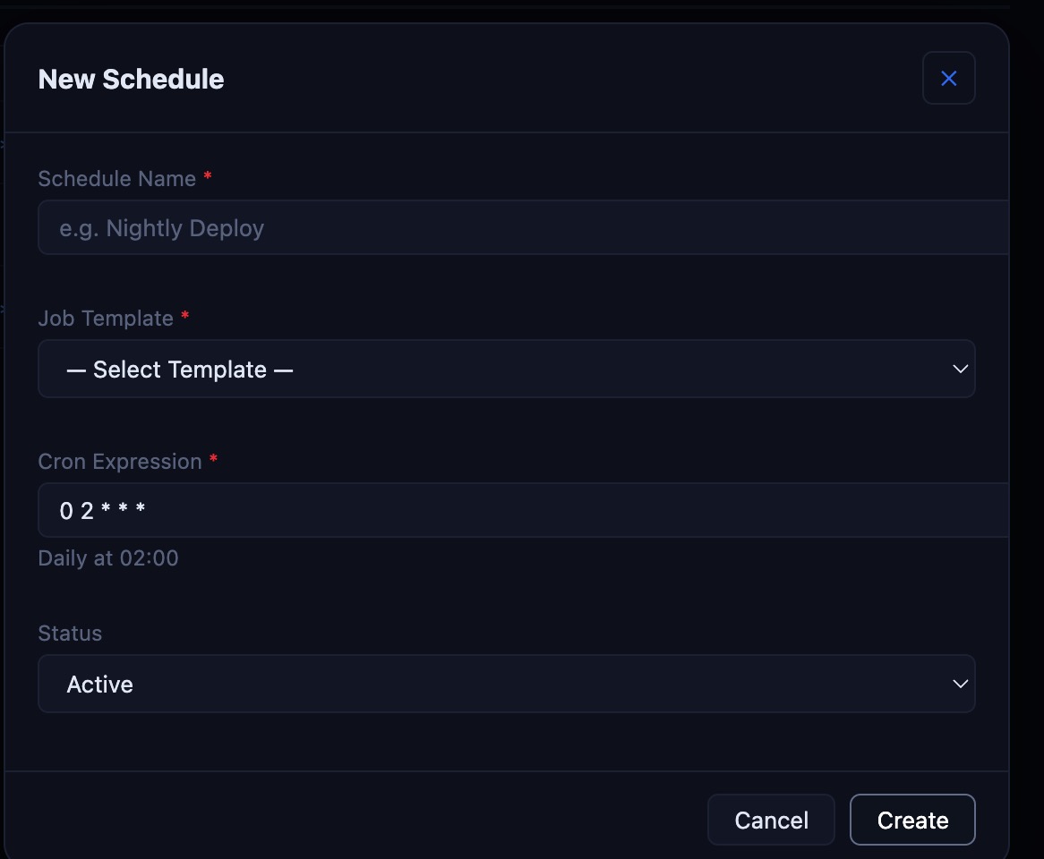 New Schedule modal — name, job template picker, cron expression with human-readable preview