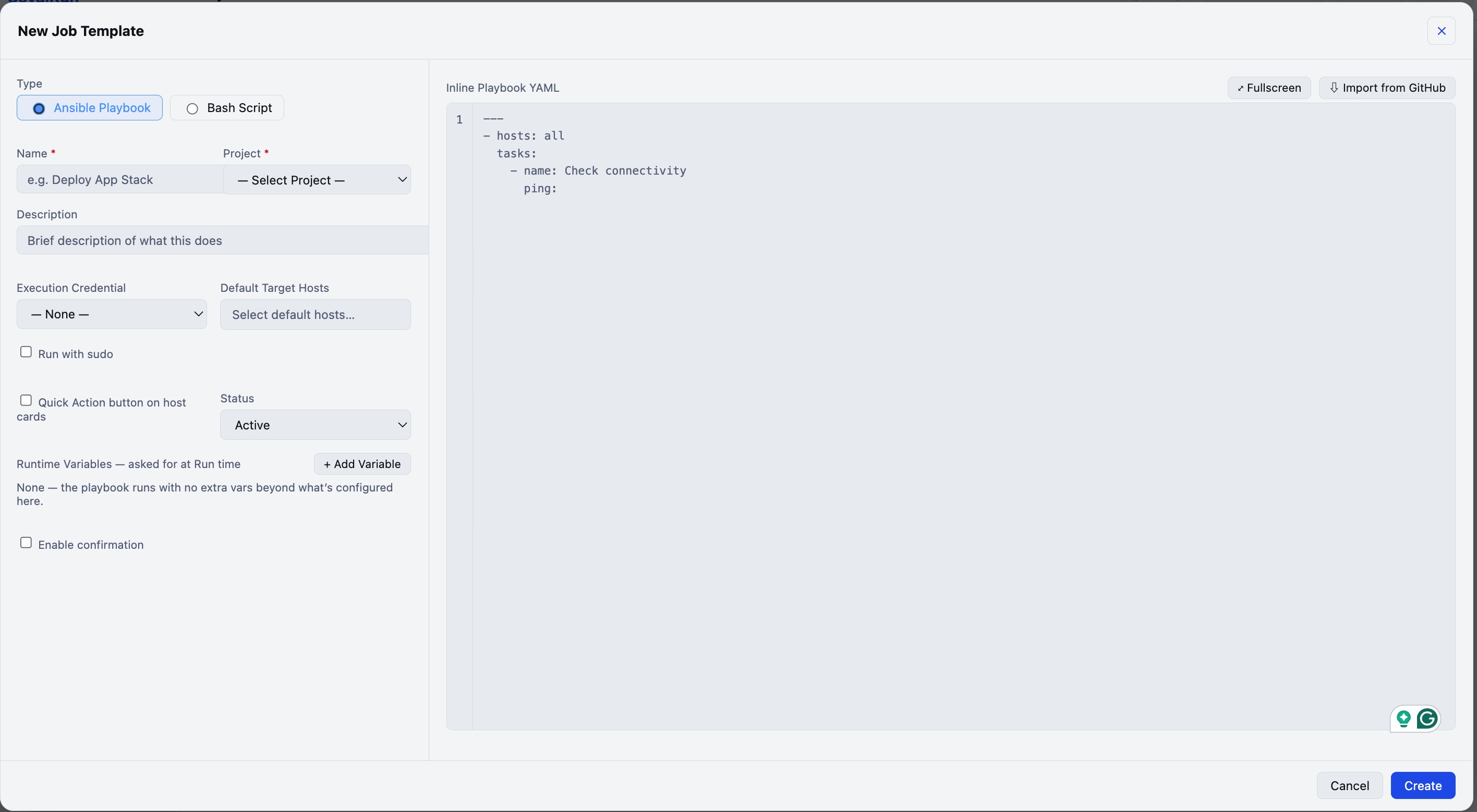 New Job Template modal — Ansible Playbook selected, target hosts, sudo, and code editor