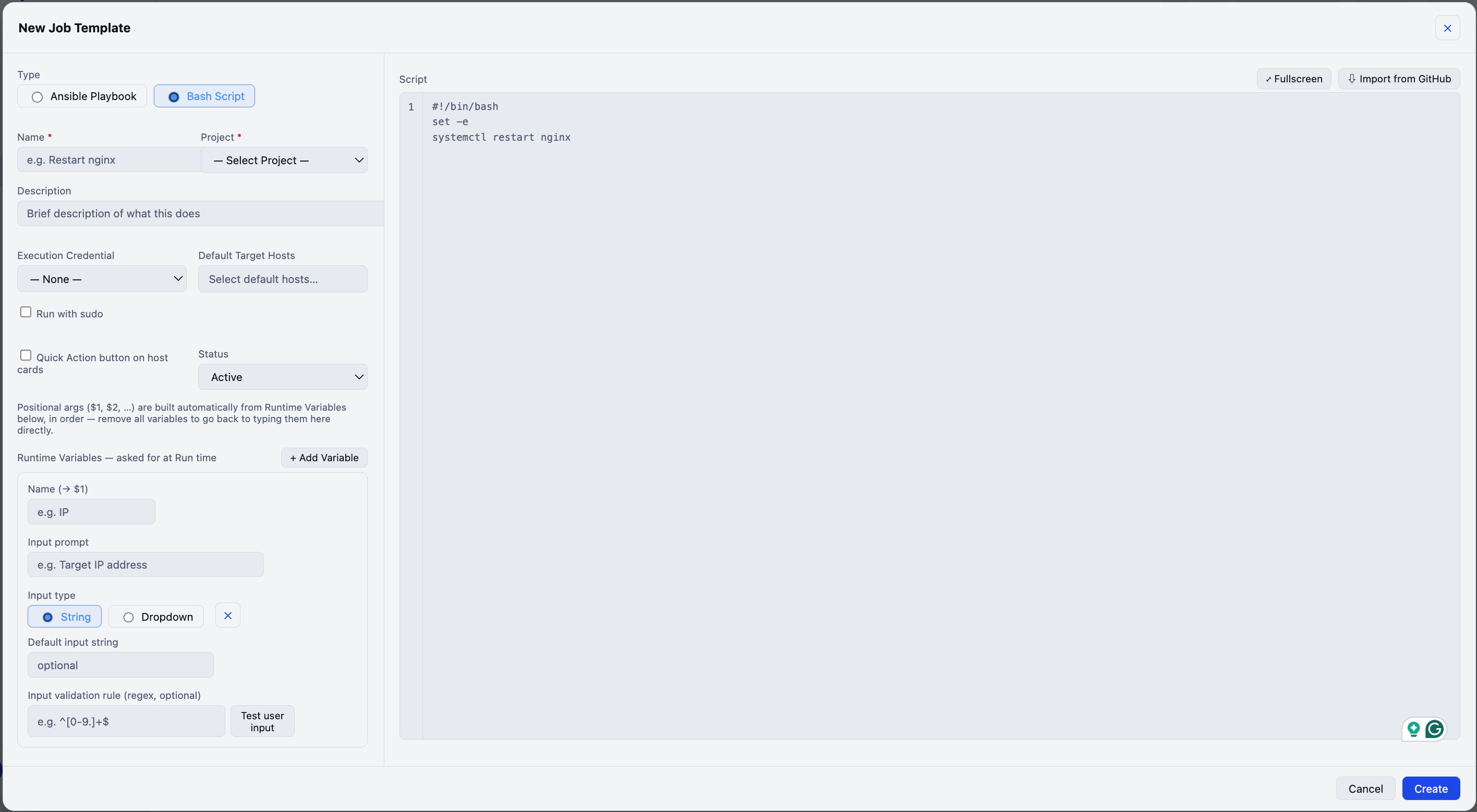 Bash Script template — Options/Arguments field and code editor with line numbers