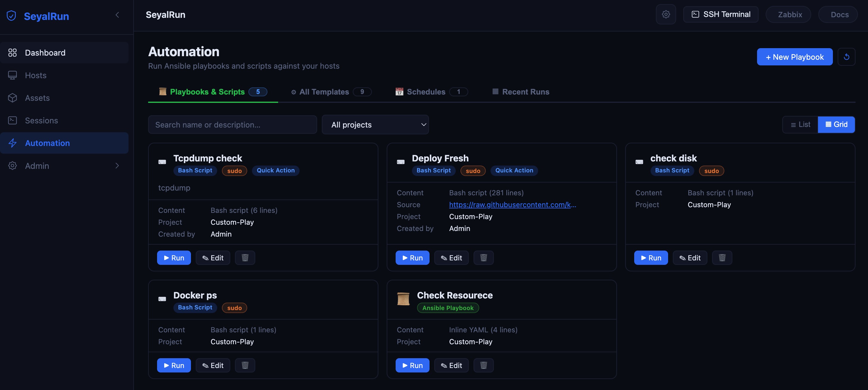 Playbooks & Scripts — grid view showing description, source, credential, and target count per template