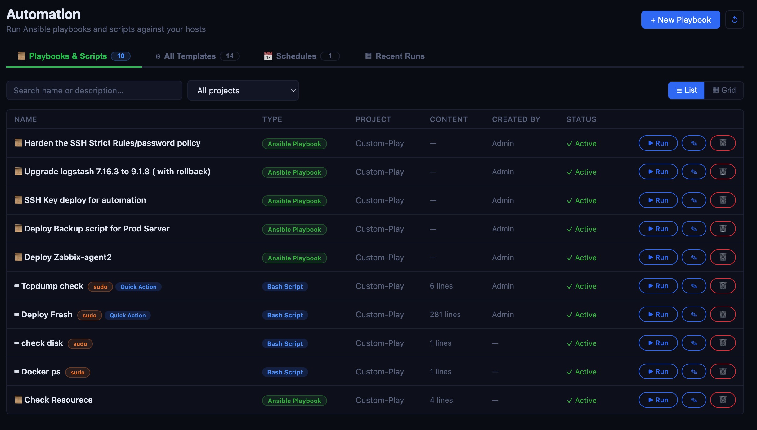 Playbooks & Scripts — list view with type, project, content size, creator, and status