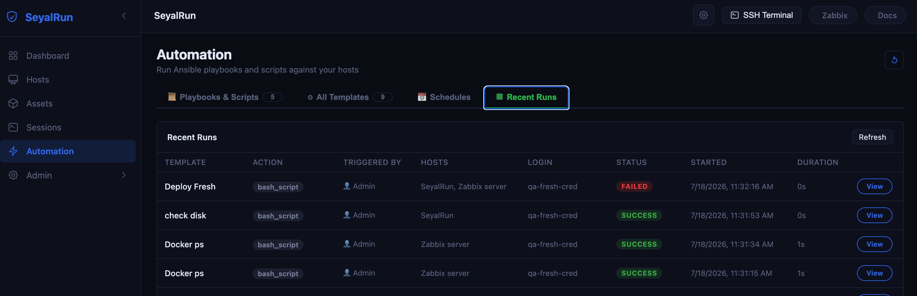 Recent Runs tab — template, action, triggered by, hosts, login, status, started, duration
