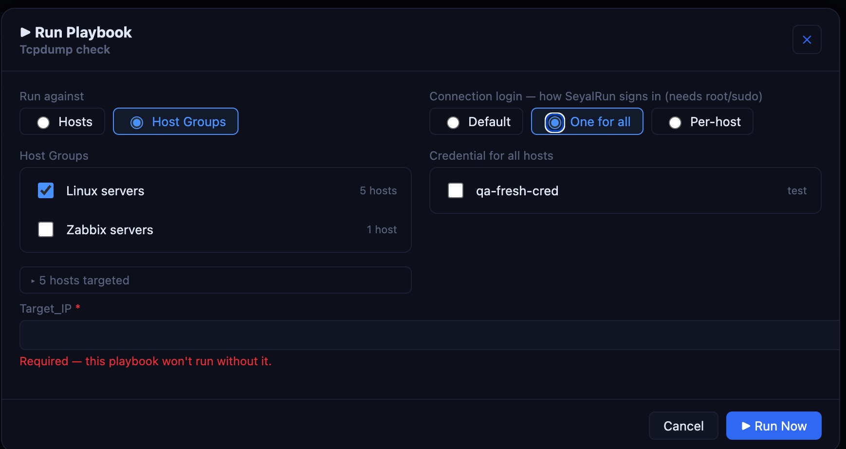 Run modal — connection login: Default, One for all, or Per-host credential selection