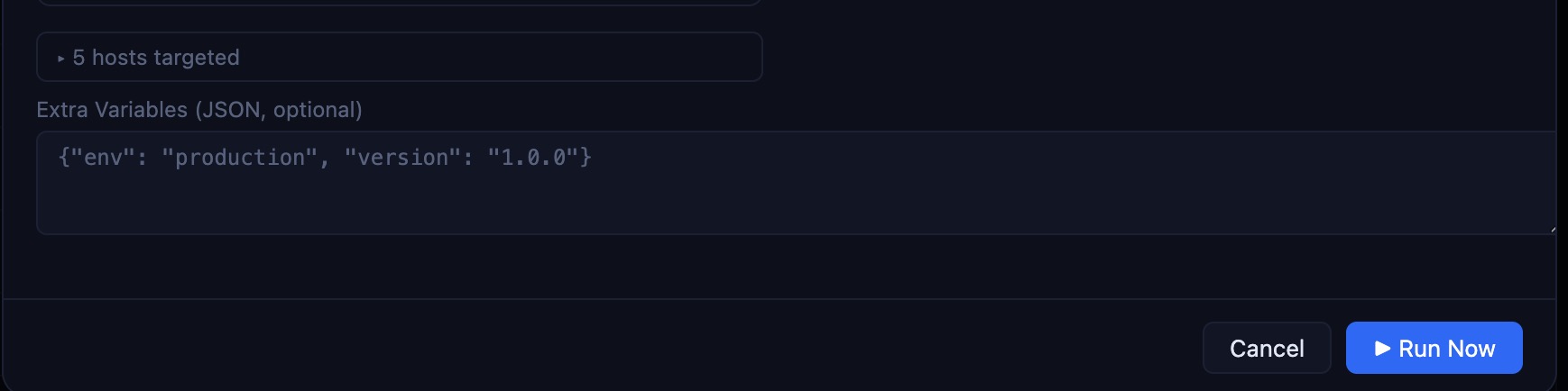 Run modal — Extra Variables JSON textarea