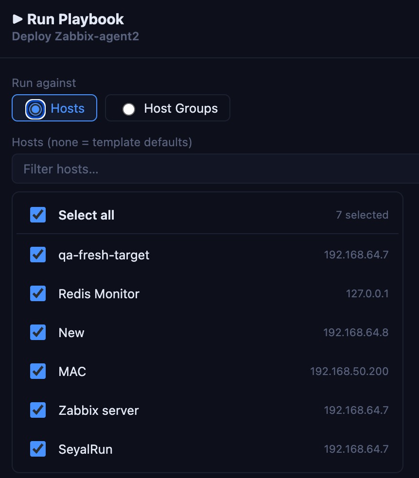 Run modal — Hosts vs. Host Groups targeting, with a filterable, select-all host checklist