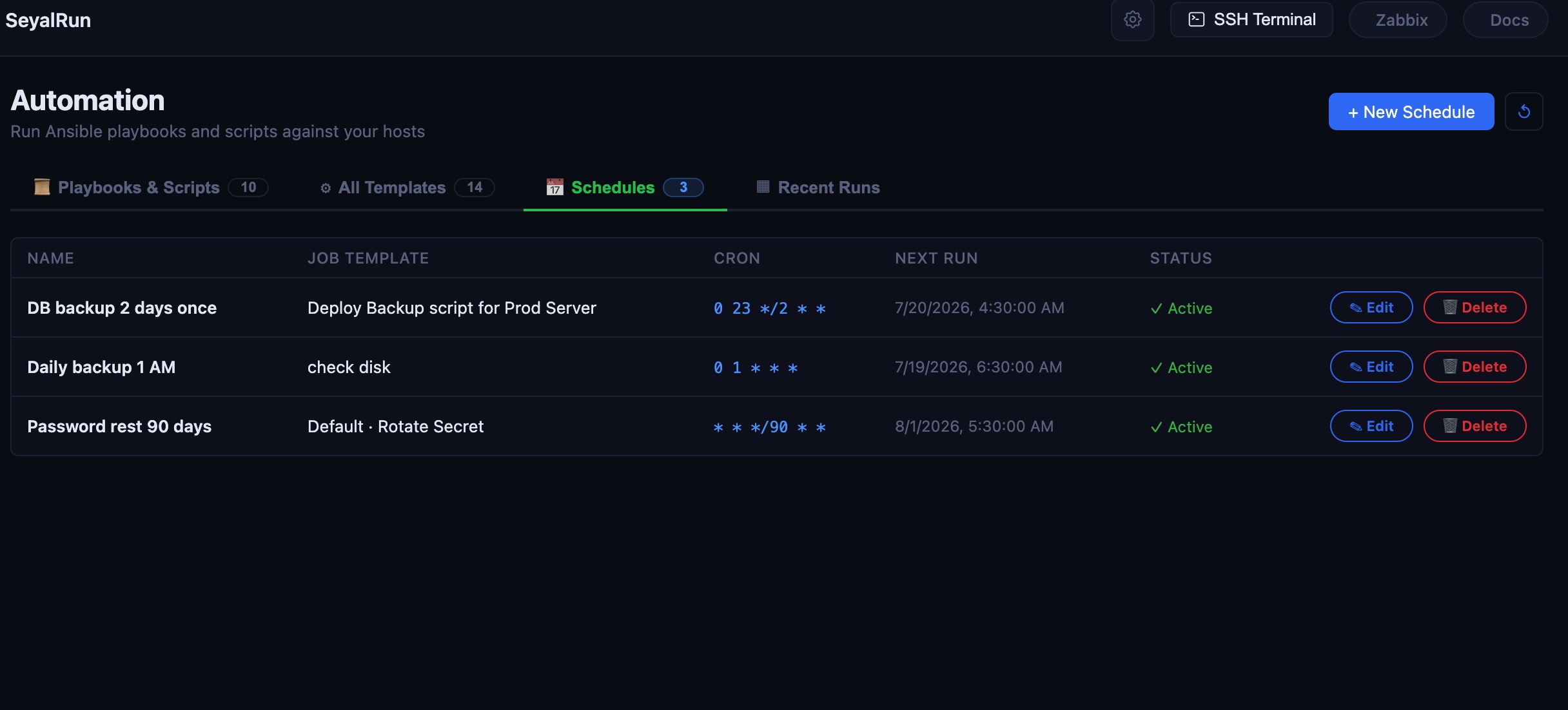 Schedules tab — name, job template, cron expression, next run, status