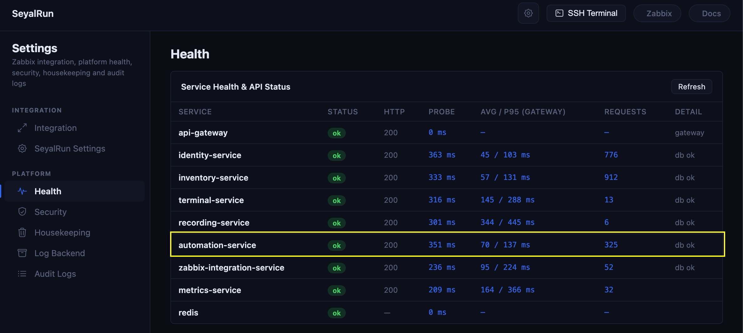 Settings → Health — automation-service reporting ok